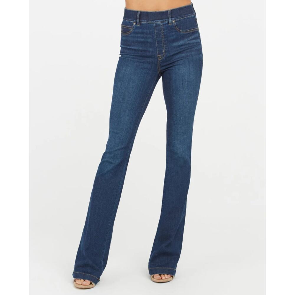 Spanx Flare Jeans High Waist Slim Fit Stretch Midnight Shade Blue Womens Size L